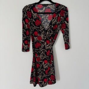 Banana Republic Red and Black Floral Long Sleeve Wrap Dress Petite XXS